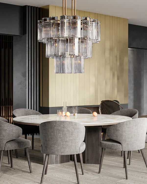 Circular Glass Panel Statement Chandelier 38-60 Inch Multi-Light Fixture for Dining Room Foyer High Ceiling Steel Frame Hanging Light | Thomler