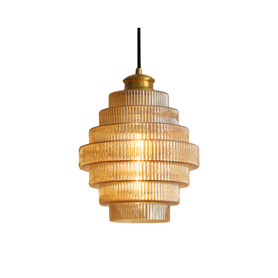 Pendant Light Ribbed Glass Brass Layered Shade Dining Room Kitchen Island Hanging Ceiling Lamp | Thomler