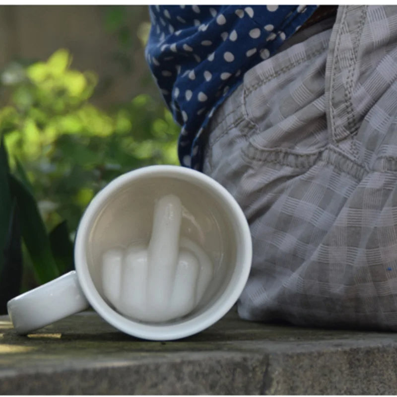 Novelty Coffee Mug with Raised Finger Handle White Ceramic 12 oz for Home Office Kitchen | Thomler