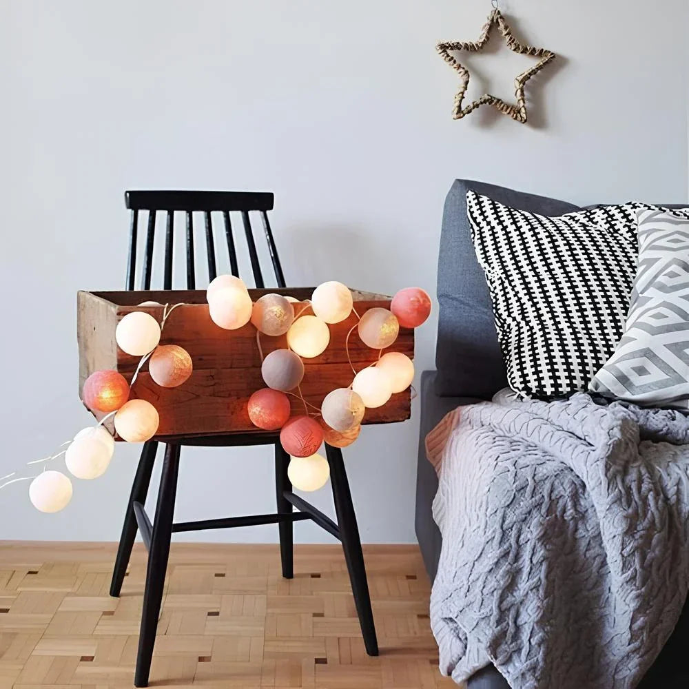 Cotton Ball String Lights LED Garland for Bedroom Living Room Nursery Party Decor USB or Battery Powered Ambient Lighting | Thomler