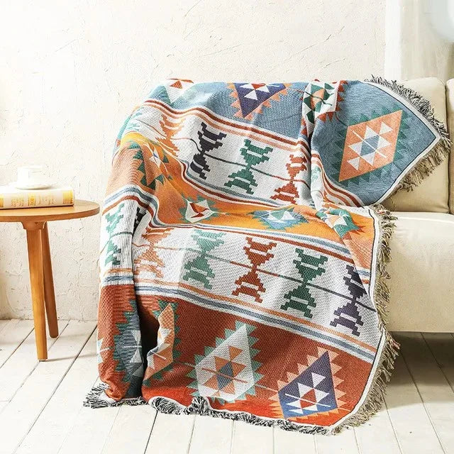 Throw Blanket Cotton Polyester Jacquard Weave Multicolour Sofa Bed Decorative Fringed Bohemian Living Room Accent Cover | Thomler