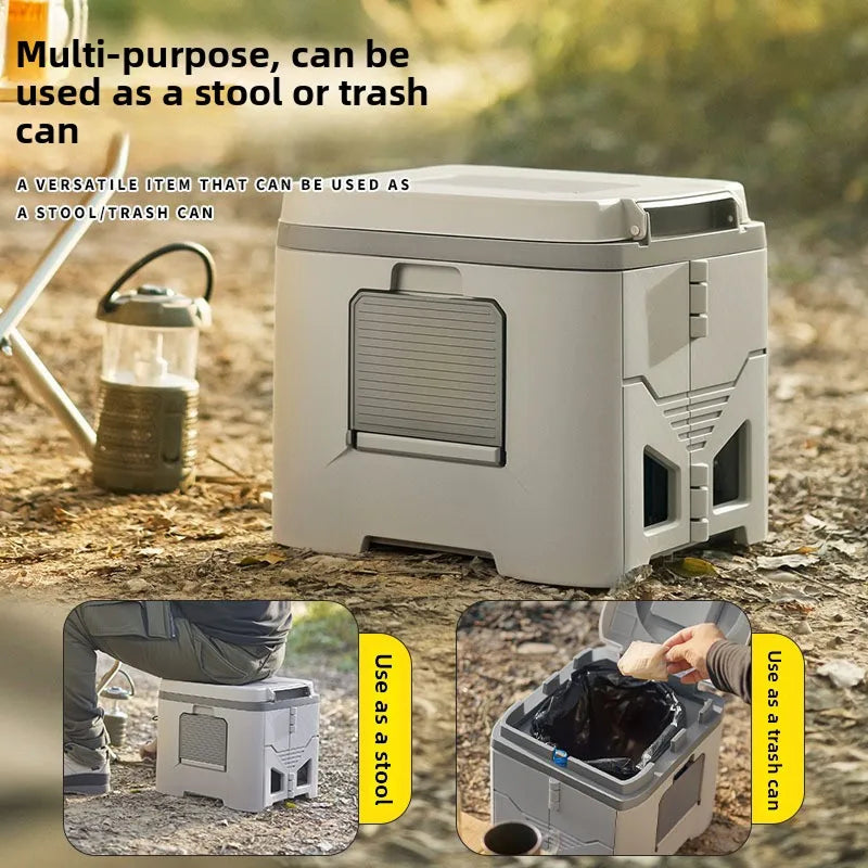 Collapsible Camp Toilet with Built-In Bag Dispenser – Portable Folding Seat for Camping, RV, Boat & Emergency Use – Adjustable Stabilizer | Thomler