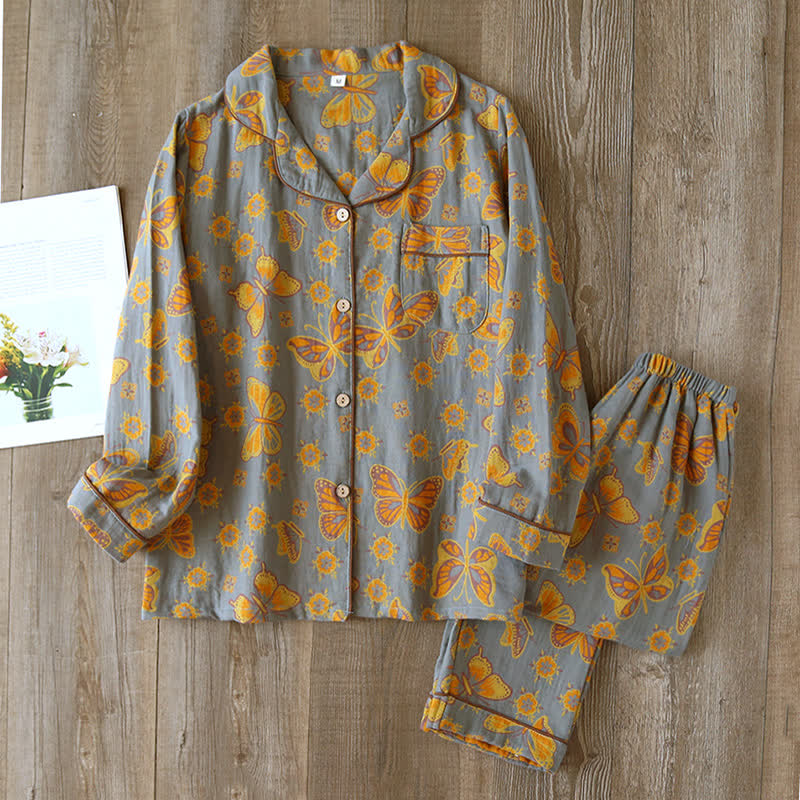 Women's Vintage Butterfly Print Cotton Pajama Set Short Sleeve Two Piece Sleepwear for Spring Summer Loungewear | Thomler