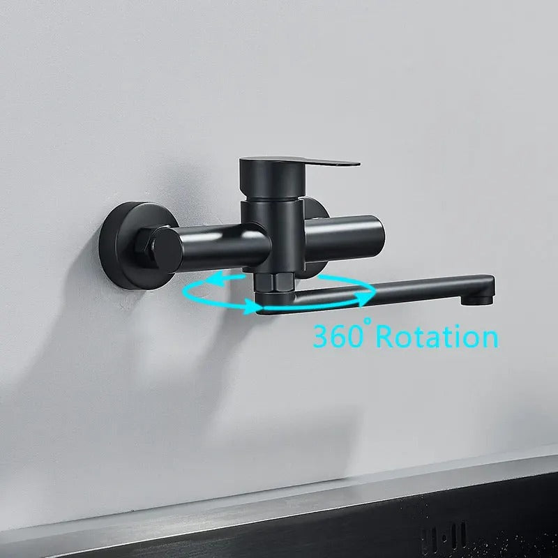 Faucet Wall Mounted 360° Swivel Spout Dual Lever Kitchen Bathroom Mixer Tap Modern Utility Sink Fixture | Thomler