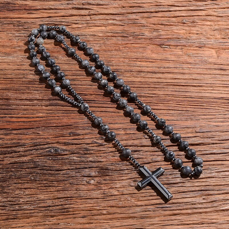 Stone Bead Prayer Chain – Adjustable Gemstone Pendant for Men with Cross Accent | Thomler