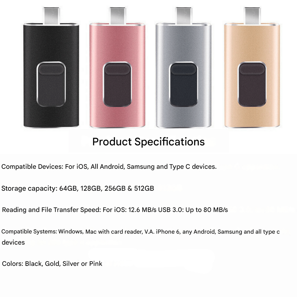 Multi-Device Flash Drive with 4 Connectors – USB-C Lightning Micro-USB & Standard USB Thumb Drive for iPhone Android PC Mac – Portable | Thomler