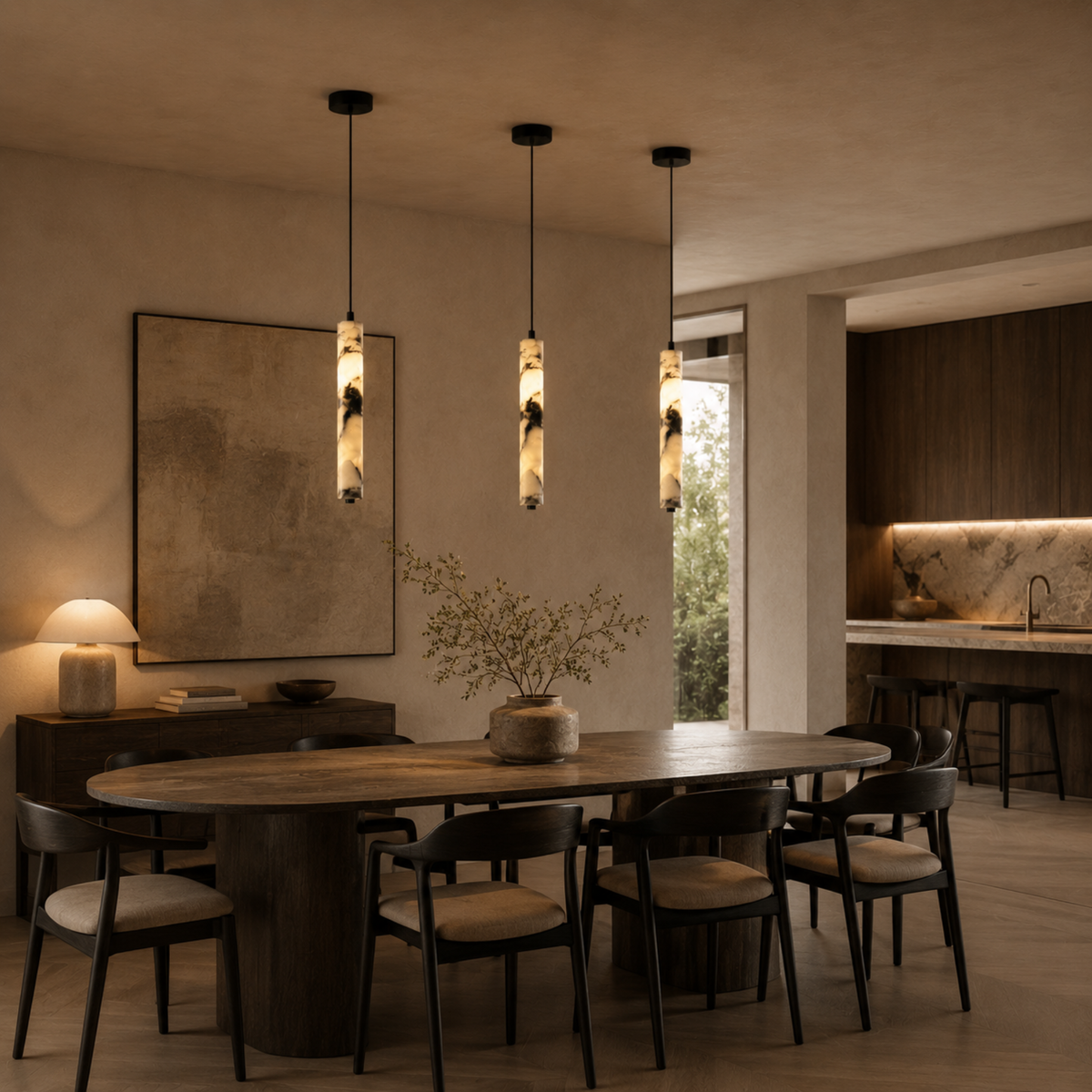 Carved Stone Cylinder Hanging Lamp – Real Natural Material with Warm Ambient Glow for Dining & Bedroom | Thomler