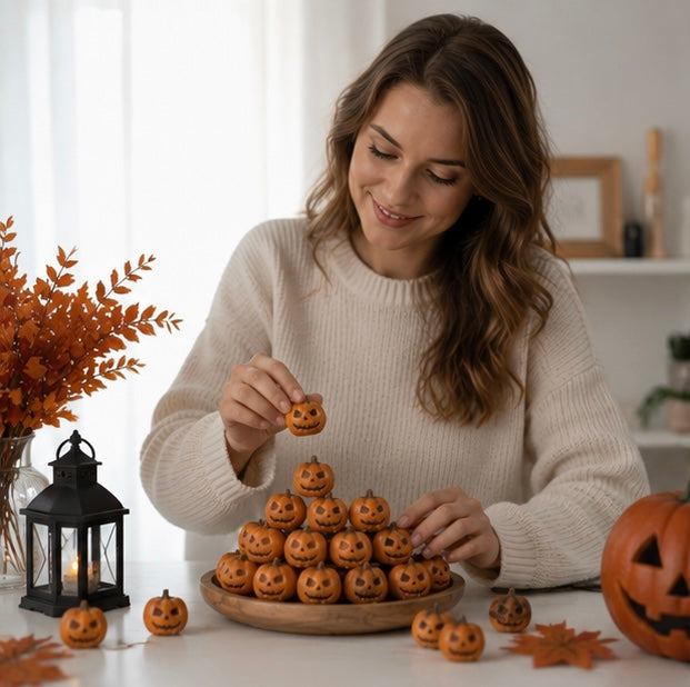 Tiny Jack-o'-Lantern Figures — Orange Resin Grinning Pumpkin Accents for Seasonal Tablescapes, Fairy Gardens & Festive Halloween Craft | Thomler