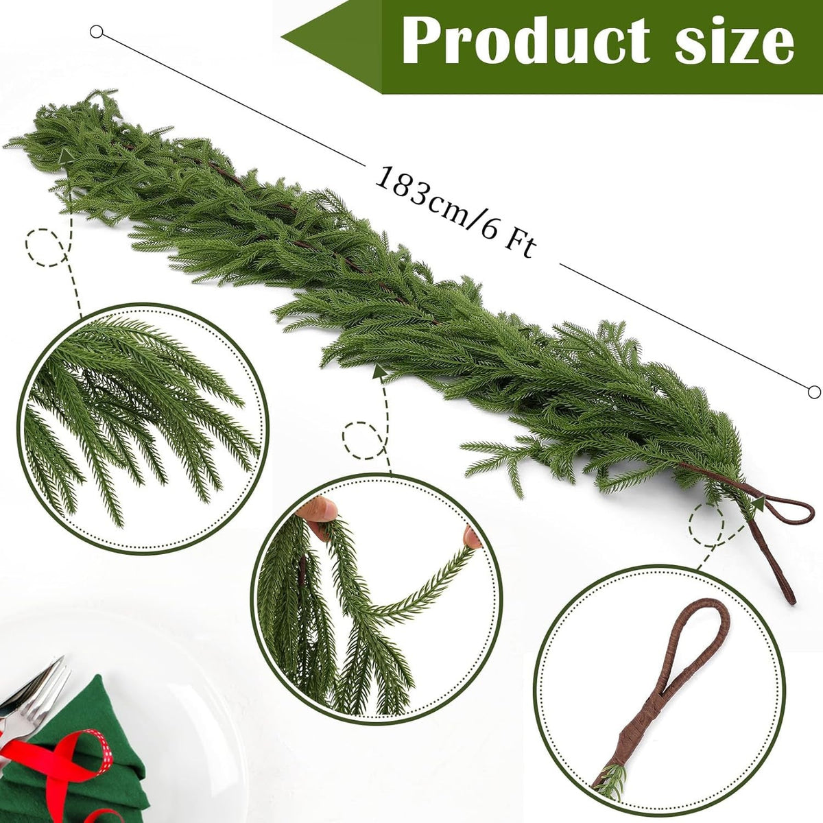 Bendable Evergreen Pine Garland - Realistic Needles, Dense Foliage, Customizable Shape for Mantel, Banister & Door Decor, 4-9 ft | Thomler