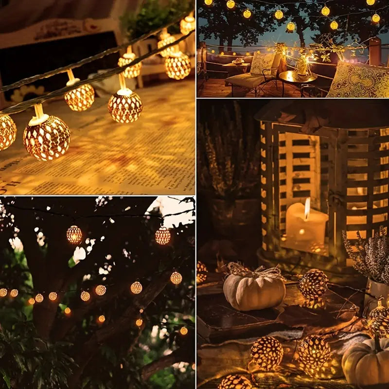 Moroccan Metal Globe String Lights Solar Powered Outdoor Patio Decor 20-30 Warm White LED Orbs Bohemian Weatherproof Garden Balcony | Thomler