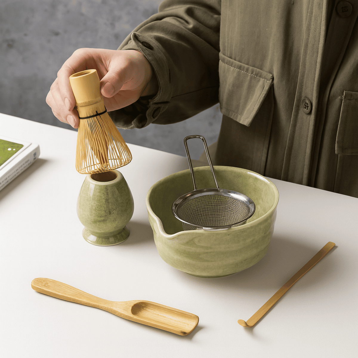 6-Piece Ceremonial Matcha Tool Kit – Ceramic Bowl, Bamboo Whisk, Spoon & Accessories for Authentic Tea Preparation | Thomler