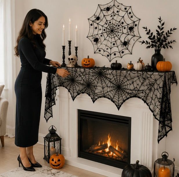 Black Web-Pattern Overlay Runner for Mantle & Table – October Décor Accent | Thomler