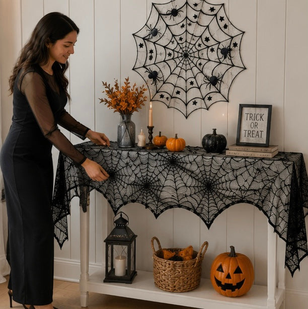 Black Web-Pattern Overlay Runner for Mantle & Table – October Décor Accent | Thomler
