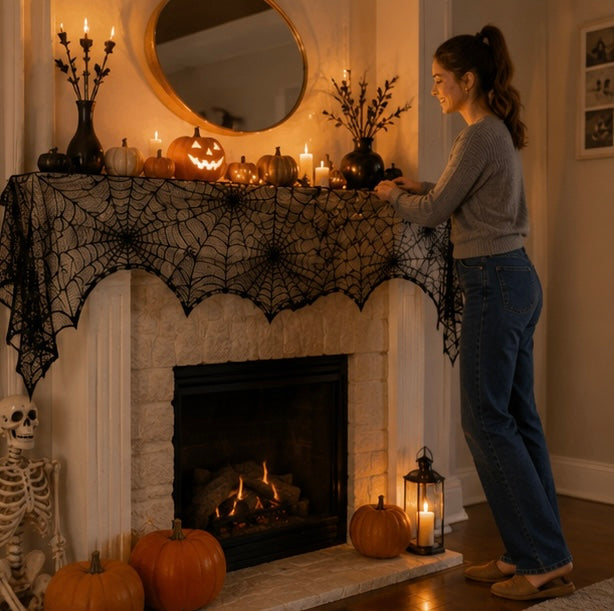 Black Web-Pattern Overlay Runner for Mantle & Table – October Décor Accent | Thomler