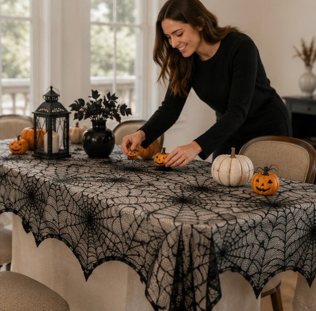 Black Web-Pattern Overlay Runner for Mantle & Table – October Décor Accent | Thomler