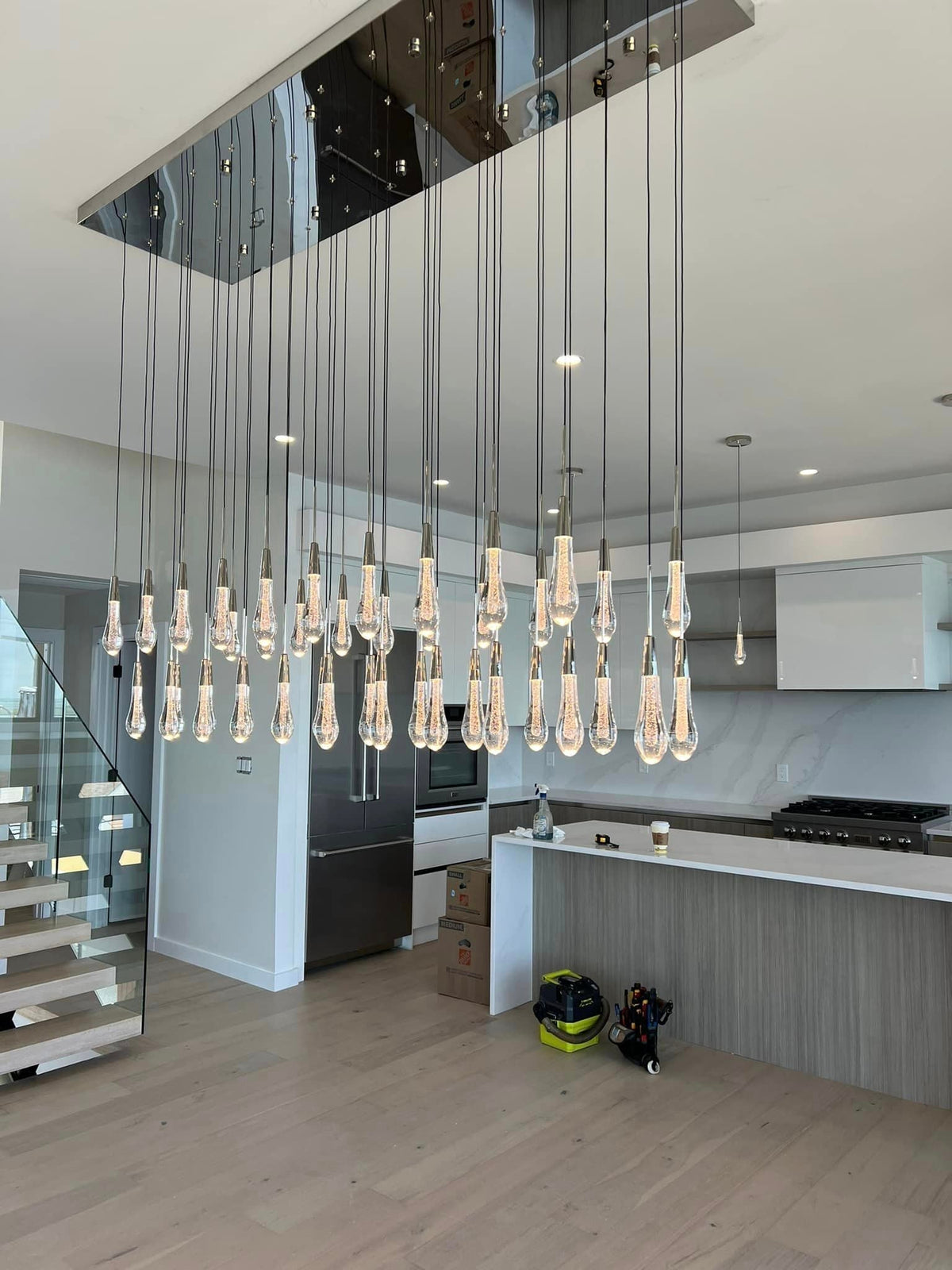 Cascading Raindrop Linear LED Chandelier – Textured Glass Orbs, Adjustable Height, Vaulted Ceiling Ready – 37 to 120 Inch Options for | Thomler