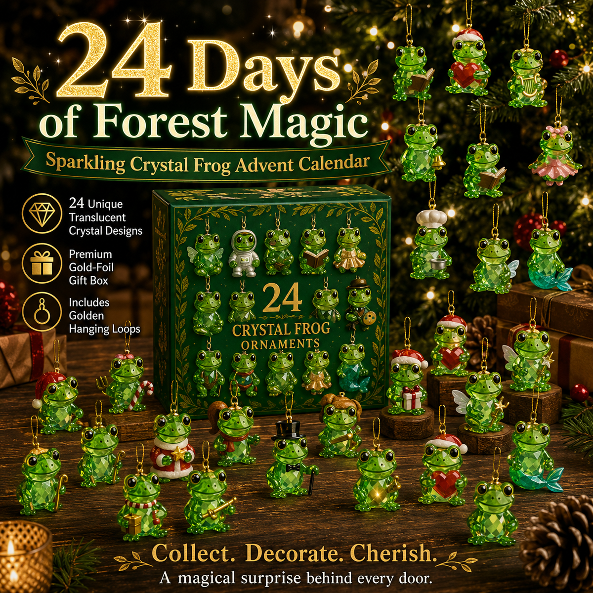 Crystal Frog Ornament Advent Calendar – 24 Miniature Collectible Charms for Christmas Countdown & Year-Round Display | Thomler