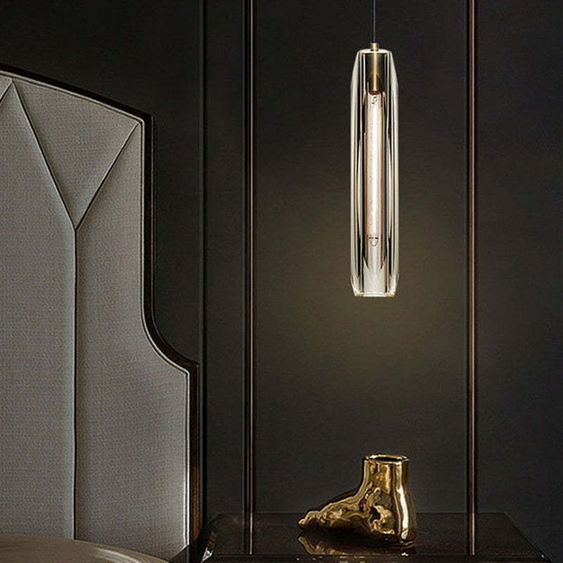 Pendant Light Glass Cylinder 15 in Adjustable Hanging Bedroom Dining Room Ceiling Fixture Modern Minimalist Lighting | Thomler