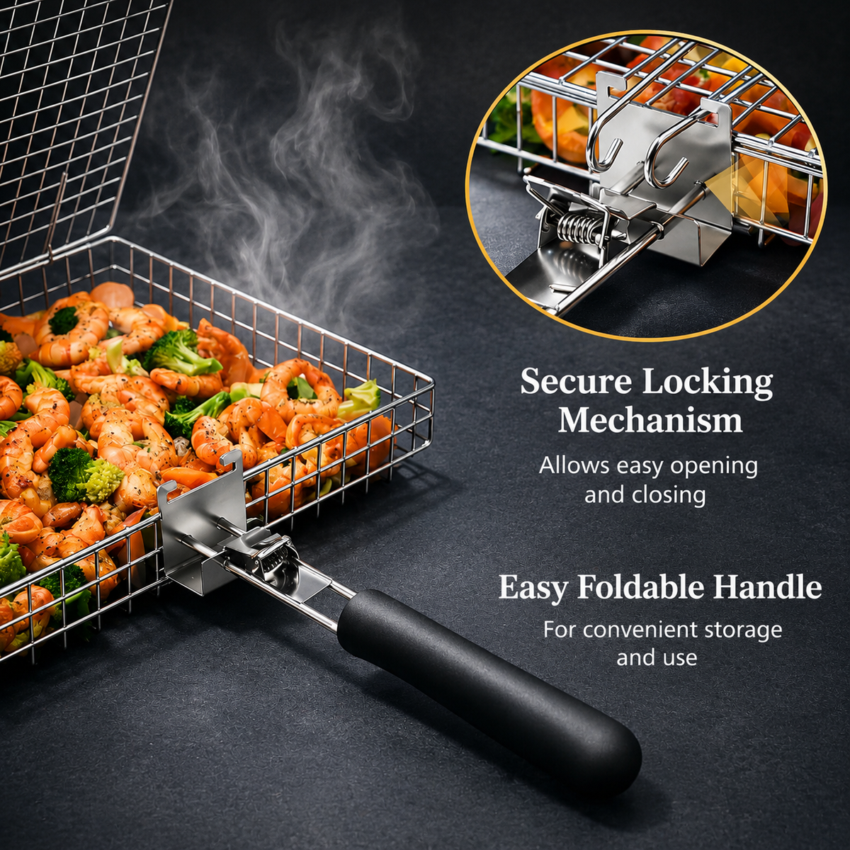 Stainless Steel BBQ Grill Basket for Fish, Vegetables & Small Foods – Open-Grid Grilling Cage with Handle for Outdoor Barbecue | Thomler