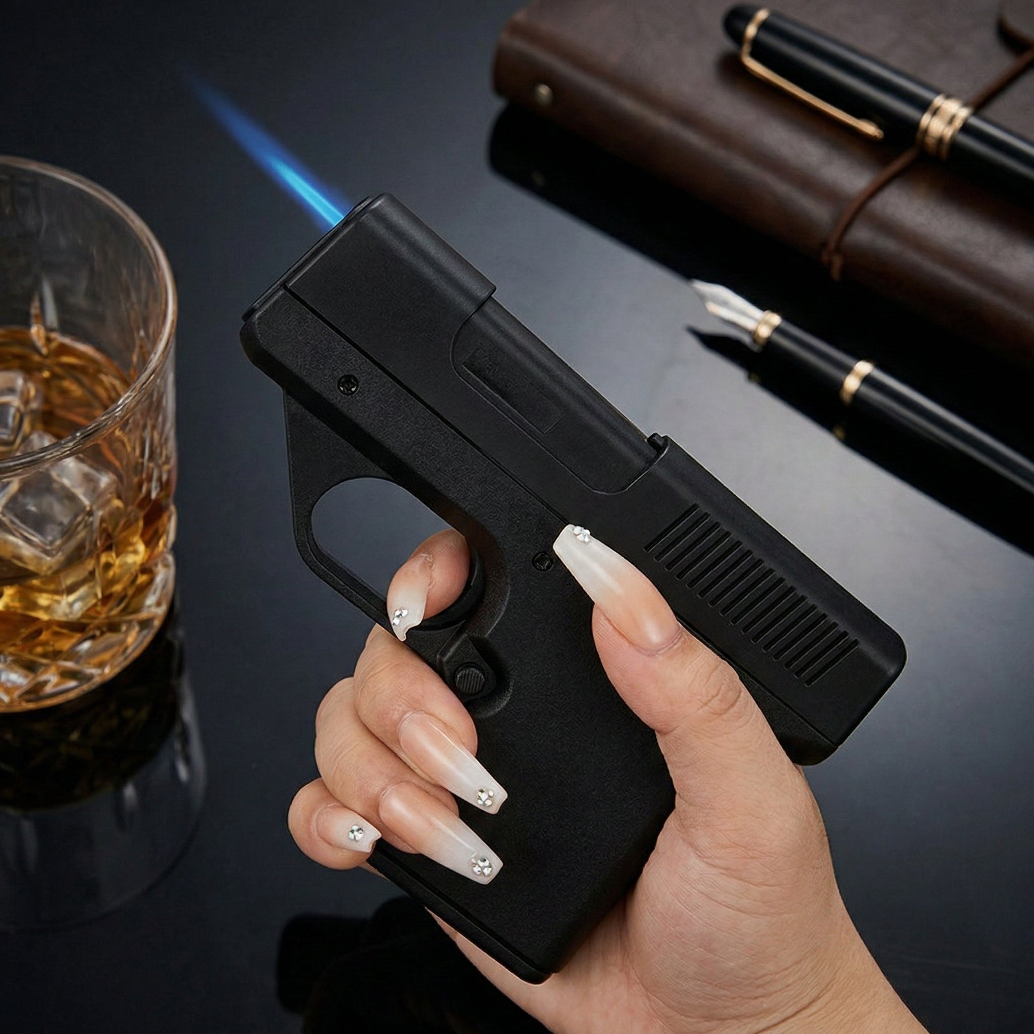 Pistol Windproof Butane Lighter with Hidden Compartment for Keys, Cash & Valuables | Refillable Torch Flame | Collectible Novelty Design | Thomler