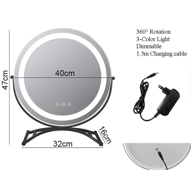 Makeup Mirror Metal Frame 40.0 cm LED Lighted Vanity Tabletop Rotating Dimmable Rechargeable Beauty Grooming Mirror | Thomler