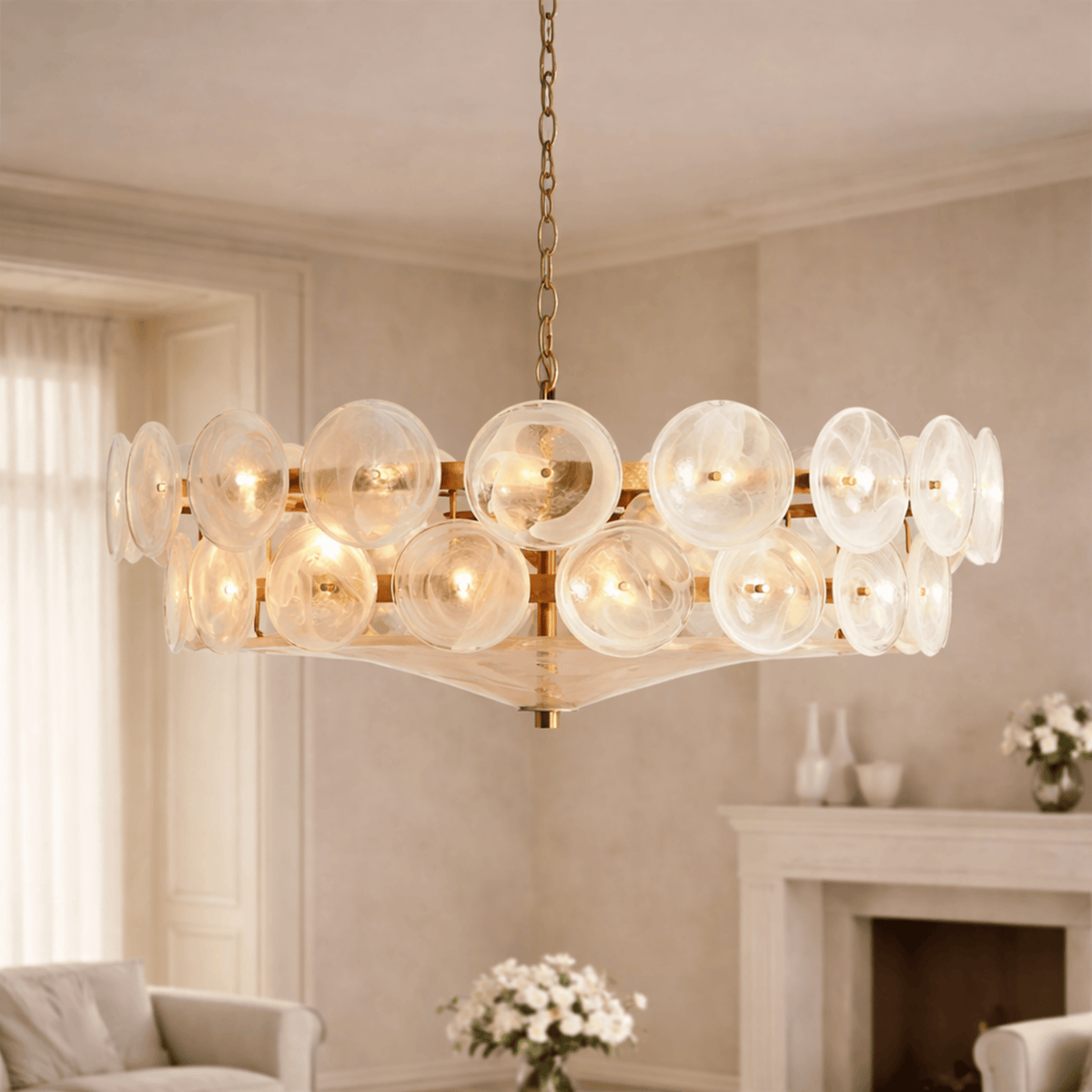 Ring Pendant Chandelier with Layered Glass Discs for Dining Room & Living Room – Adjustable Height Fixture | Thomler