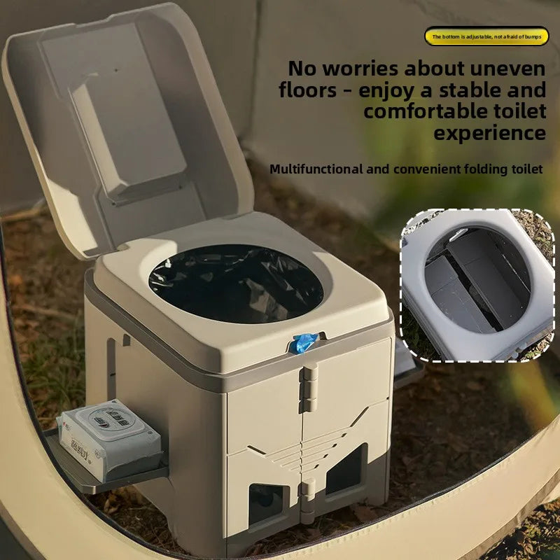 Collapsible Camp Toilet with Built-In Bag Dispenser – Portable Folding Seat for Camping, RV, Boat & Emergency Use – Adjustable Stabilizer | Thomler