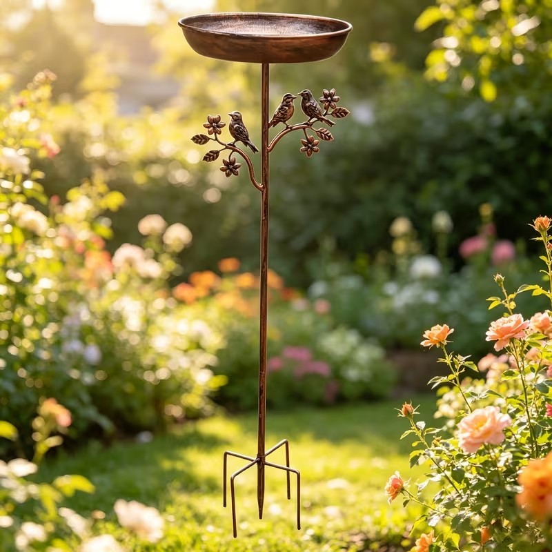 Gartenvogeltränke am Metallspieß – Vintage Kupfer-Optik