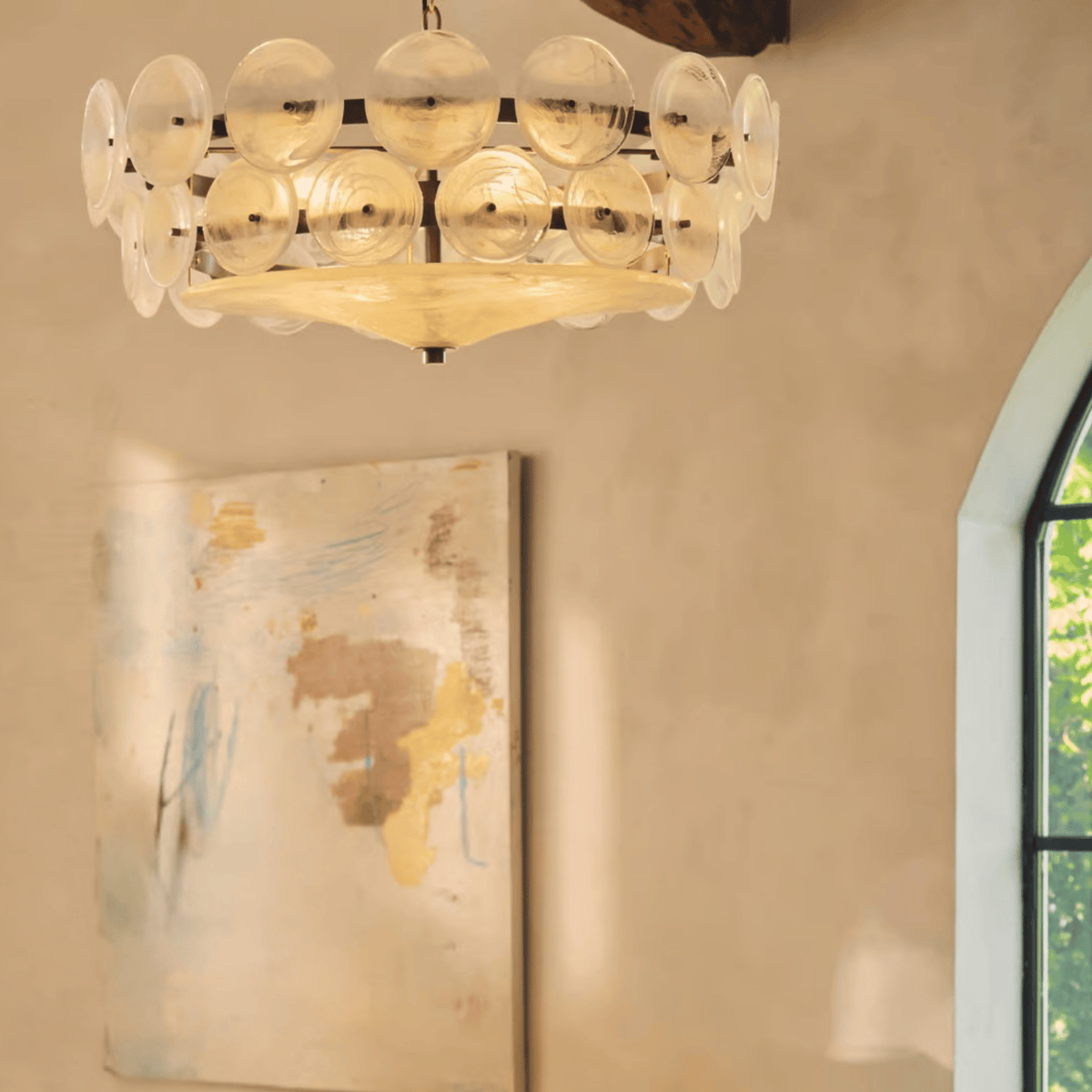 Ring Pendant Chandelier with Layered Glass Discs for Dining Room & Living Room – Adjustable Height Fixture | Thomler