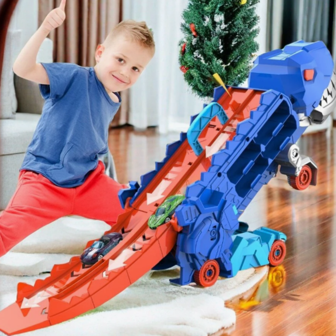 Dinosaur Carrier Truck with Race Track & Die-Cast Cars for Kids - 3-in-1 Transforming T-Rex Hauler for Boys & Girls | Thomler