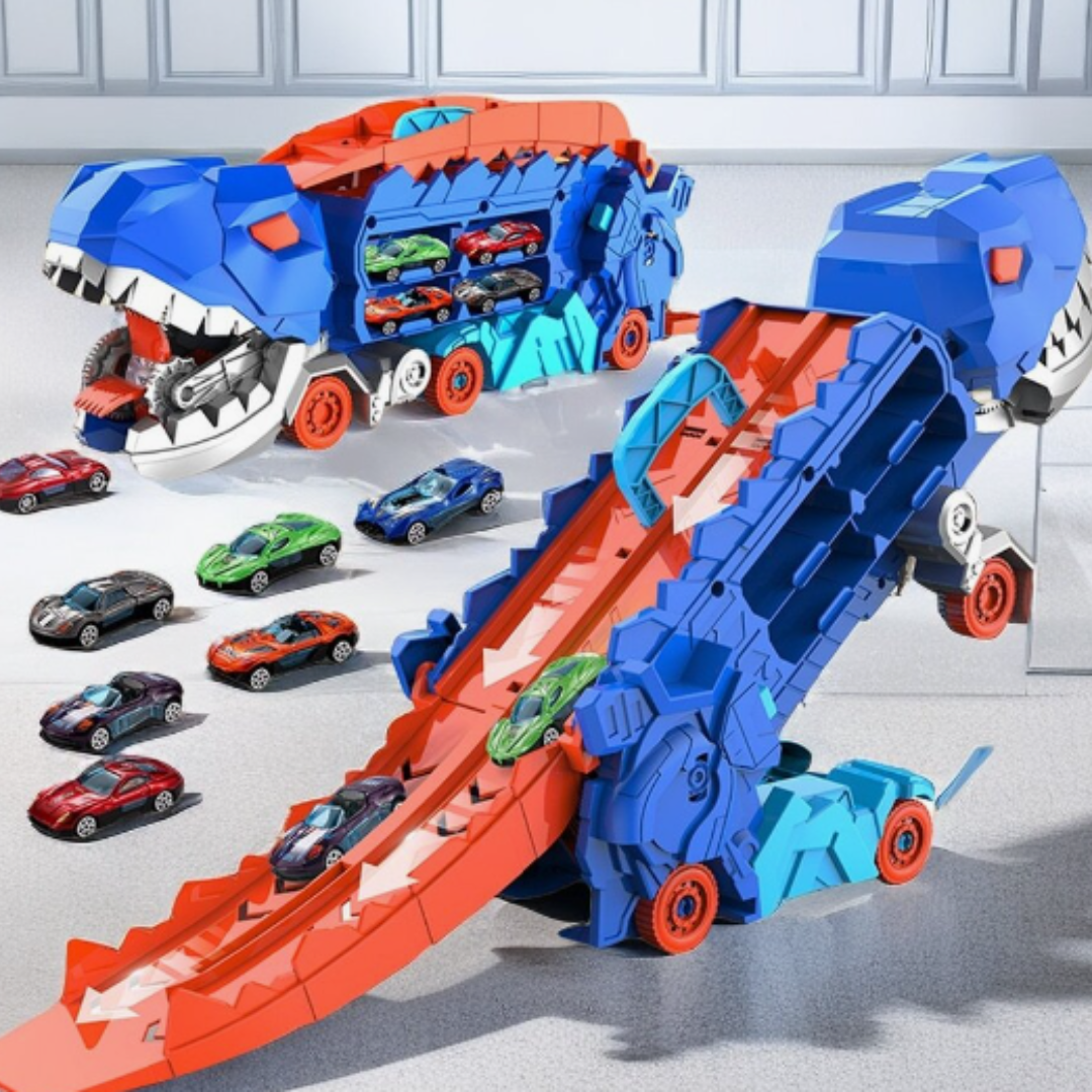 Dinosaur Carrier Truck with Race Track & Die-Cast Cars for Kids - 3-in-1 Transforming T-Rex Hauler for Boys & Girls | Thomler