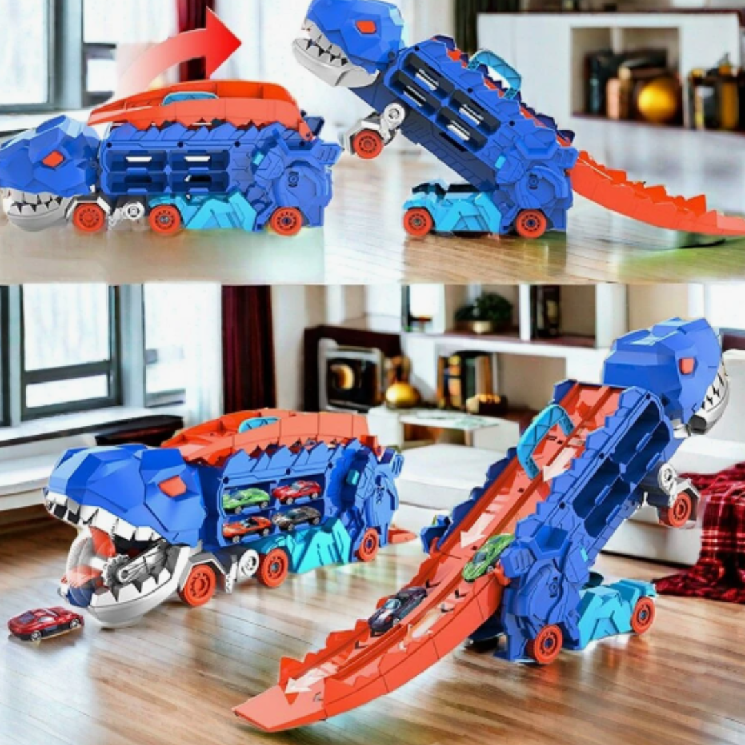 Dinosaur Carrier Truck with Race Track & Die-Cast Cars for Kids - 3-in-1 Transforming T-Rex Hauler for Boys & Girls | Thomler