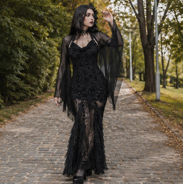 Spider Web Sheer Overlay Top with Bell Sleeves – Layering Piece for Women's Spooky Season Outfits & Party Wear | Thomler