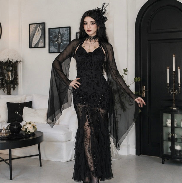 Spider Web Sheer Overlay Top with Bell Sleeves – Layering Piece for Women's Spooky Season Outfits & Party Wear | Thomler