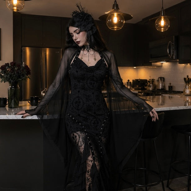 Spider Web Sheer Overlay Top with Bell Sleeves – Layering Piece for Women's Spooky Season Outfits & Party Wear | Thomler