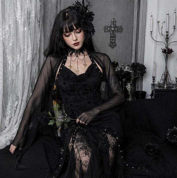 Spider Web Sheer Overlay Top with Bell Sleeves – Layering Piece for Women's Spooky Season Outfits & Party Wear | Thomler