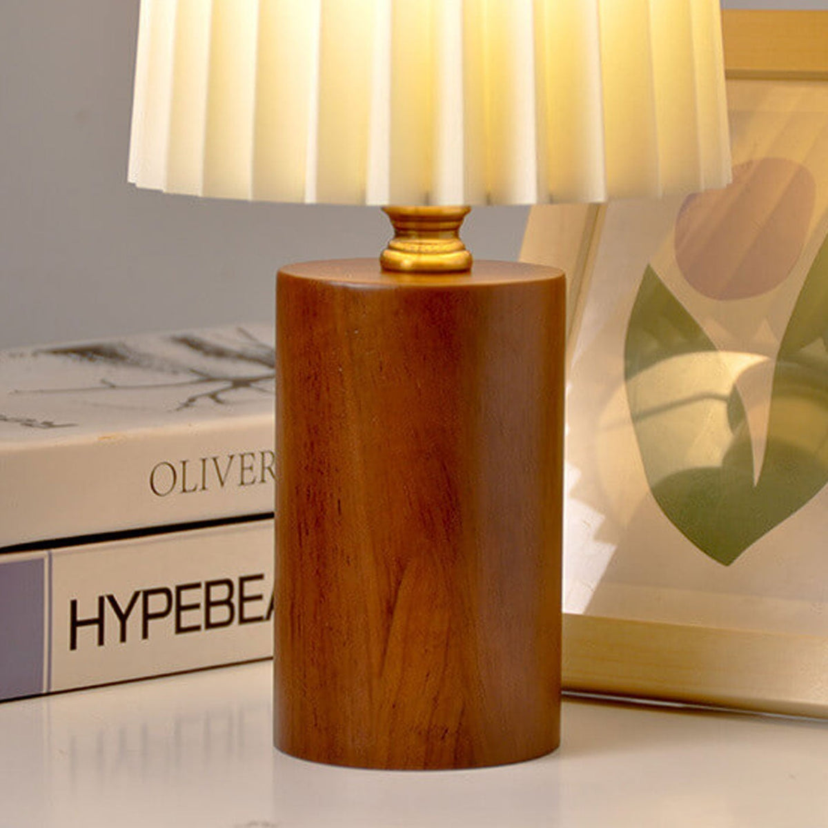 Pleated Fabric Accent Lamp with Cylindrical Wooden Base – Bedside Reading Light for Bedroom & Living Room | Thomler