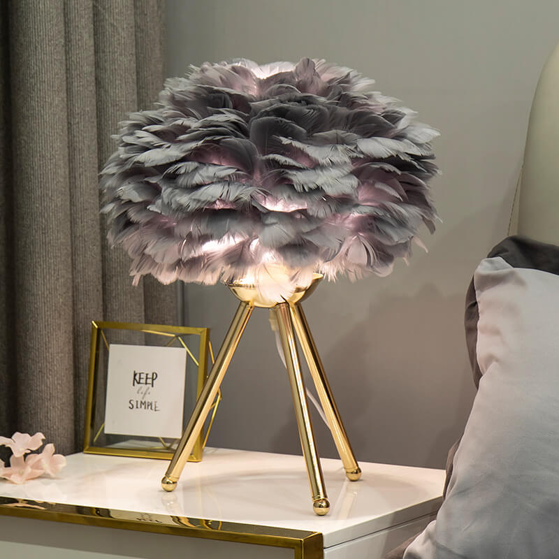 Plume Shade Accent Lamp with Gold Three-Leg Stand – Natural Texture for Bedroom, Desk & Nursery Vanity | Thomler