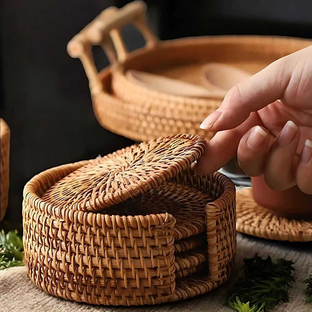 Woven Drink Coaster Set with Storage Holder – Natural Bamboo Finish for Hot & Cold Beverages, Coffee Table Protection | Thomler