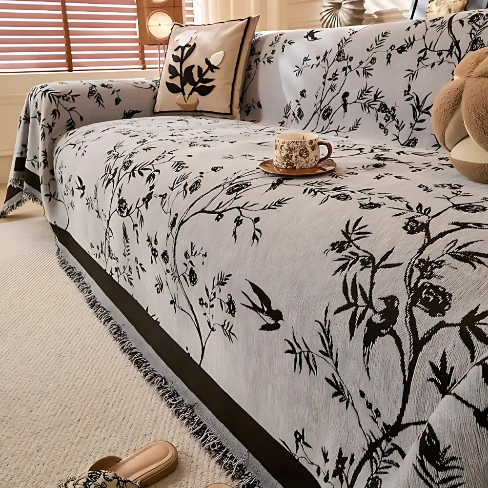 Textured Chenille Sofa Throw Blanket with Tassels – Floral Jacquard Couch Cover for Living Room, Pet-Friendly & Anti-Slip | Thomler
