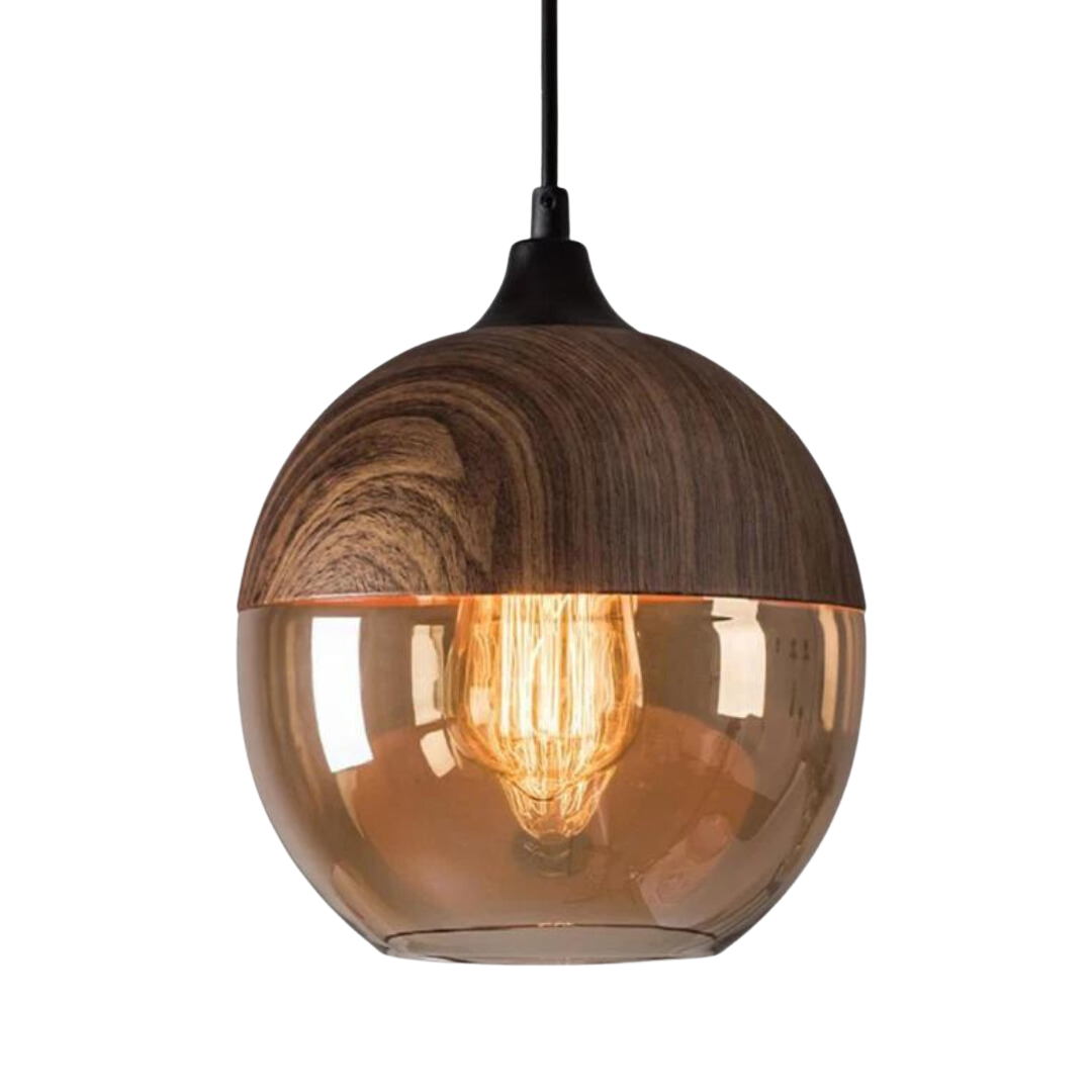 Glass Pendant Light with Wood-Look Metal – Scandinavian Hanging Fixture for Dining Room, Bedroom & Living Room | Thomler