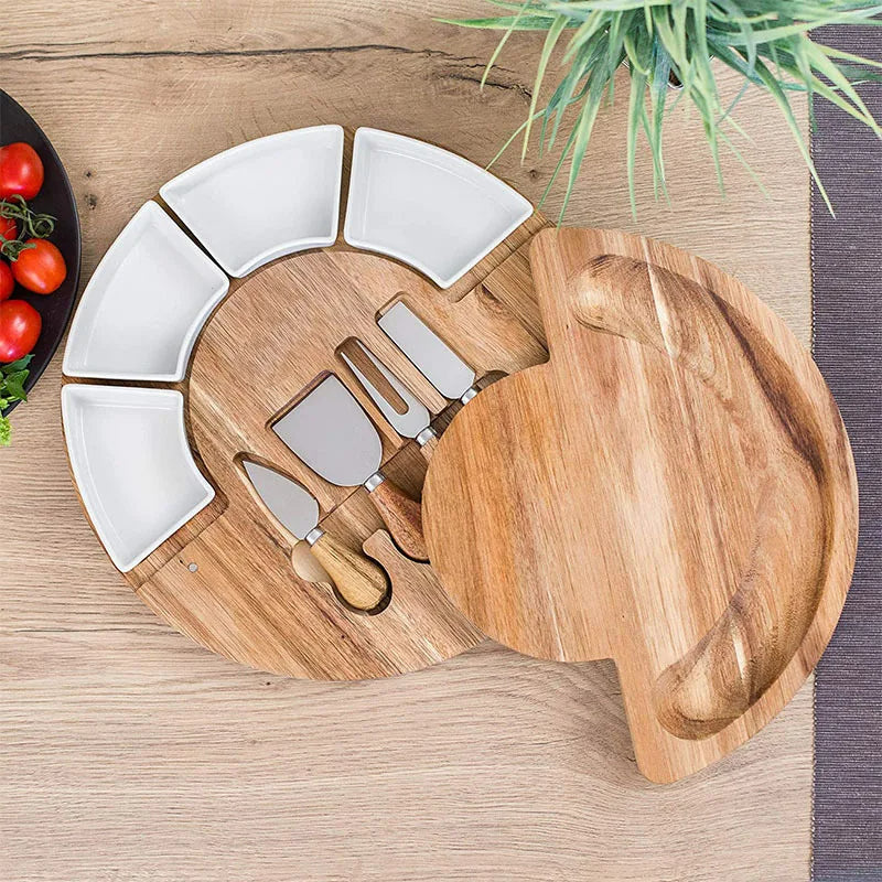Round Wooden Serving Tray with Ceramic Dishes & Spreaders – 13-Inch Host Platter | Thomler