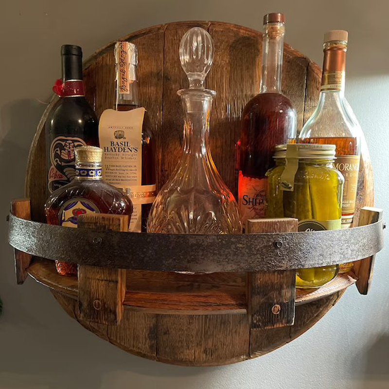 Round Barrel Wall Shelf – Solid Wood Floating Display for Bottles & Decor – Rustic Storage for Home Bar, Kitchen & Living Room | Thomler