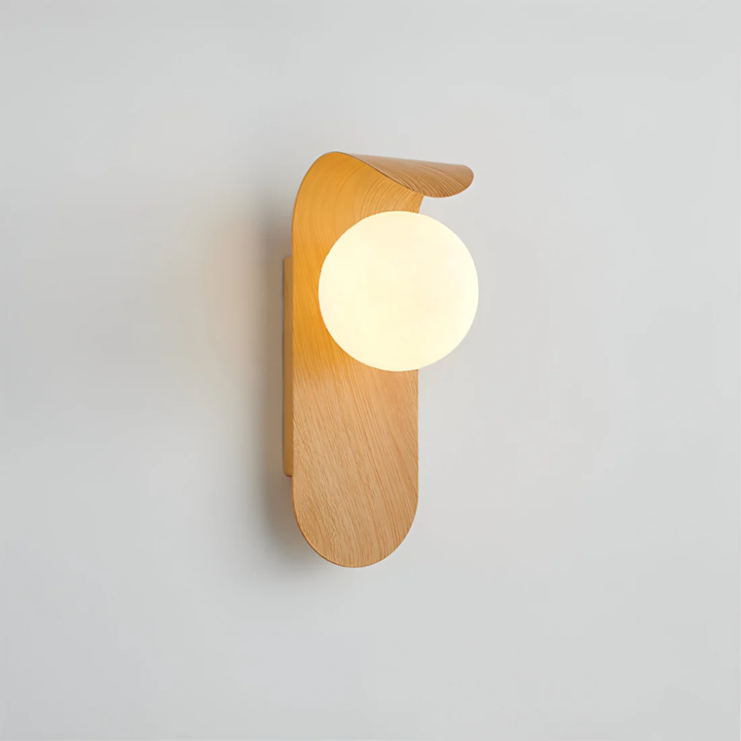 Modern LED Wall Sconce with Curved Wood Arm & Frosted Globe – Warm White Light for Bedroom, Living Room & Hallway – Natural or Walnut Finish | Thomler
