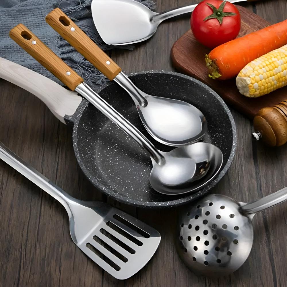 Kitchen Utensil Set Stainless Steel Wooden Handle 5 Piece Everyday Cooking Serving Tools Non Stick Safe Kitchen Accessories | Thomler