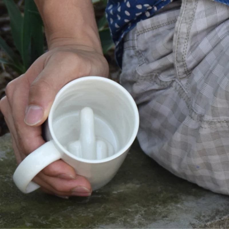 Novelty Coffee Mug with Raised Finger Handle White Ceramic 12 oz for Home Office Kitchen | Thomler
