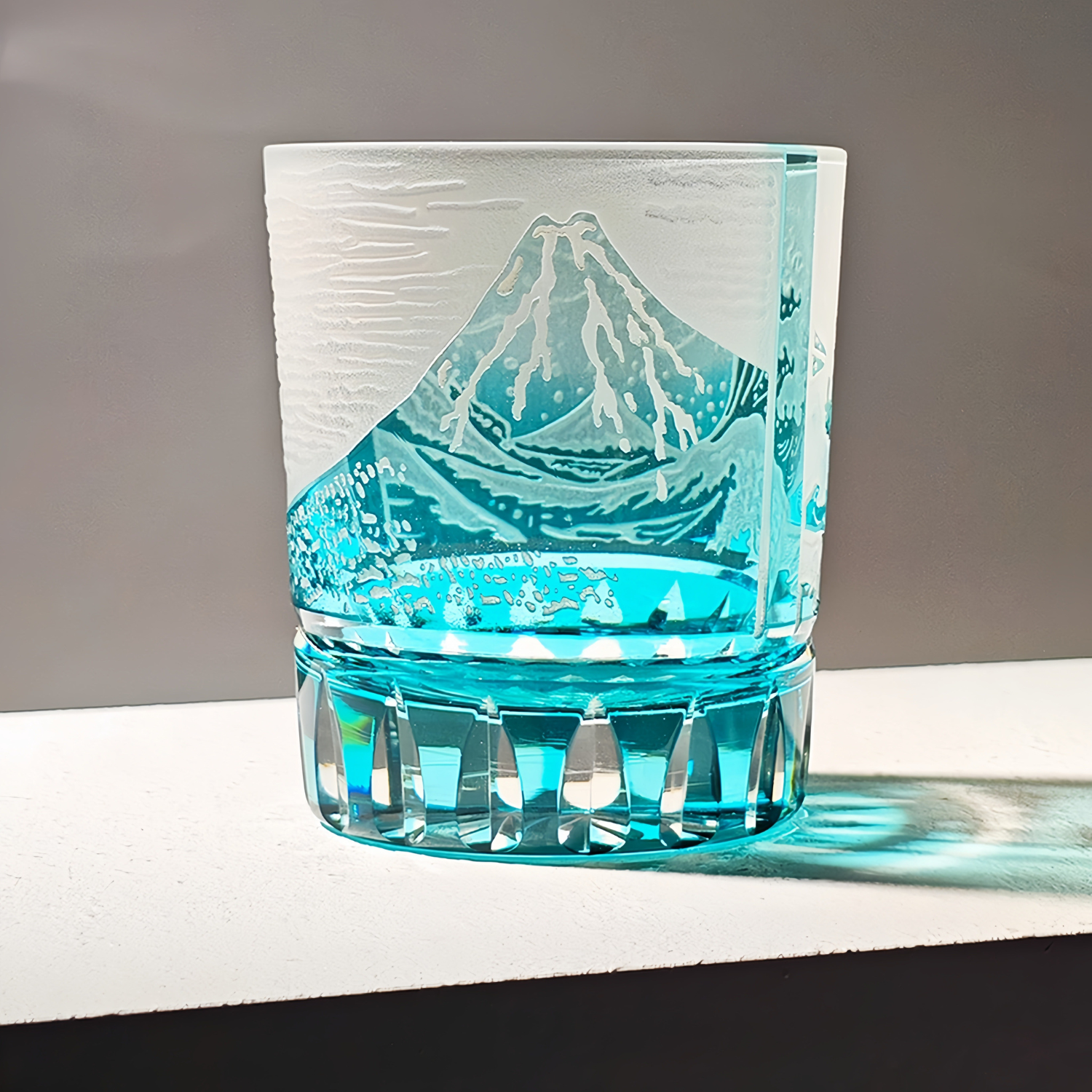 Japanese Wave Crystal Whisky Glass with Mt. Fuji Engraving in Golden or Blue Finish, Handcut Tumbler in Wooden Gift Box for Spirits and Bour | Thomler