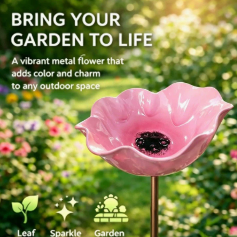 Metal Flower Stake Bird Bath for Garden, Yard & Patio – Decorative Pollinator Watering Station in 6 Colors | Thomler