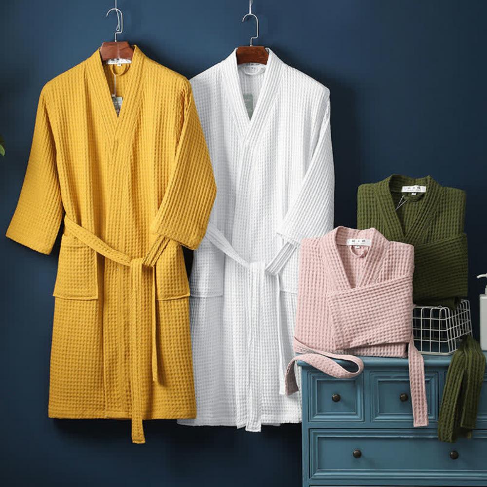 Cotton Waffle Robe V-Neck Lightweight Spa Bathrobe for Women & Men with Pockets Absorbent Loungewear for Bedroom Bathroom Shower | Thomler