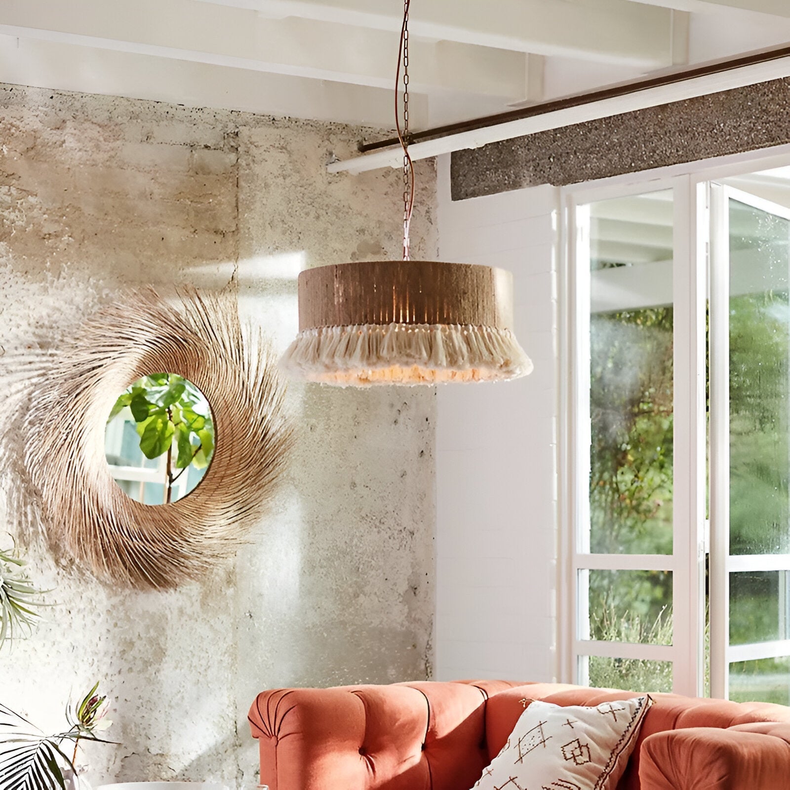 Pendant Light Hemp Rope 19.7 in Bohemian Beige Dining Room Bedroom Tassel Hanging Ceiling Lamp Woven Fabric Shade Ambient Lighting | Thomler